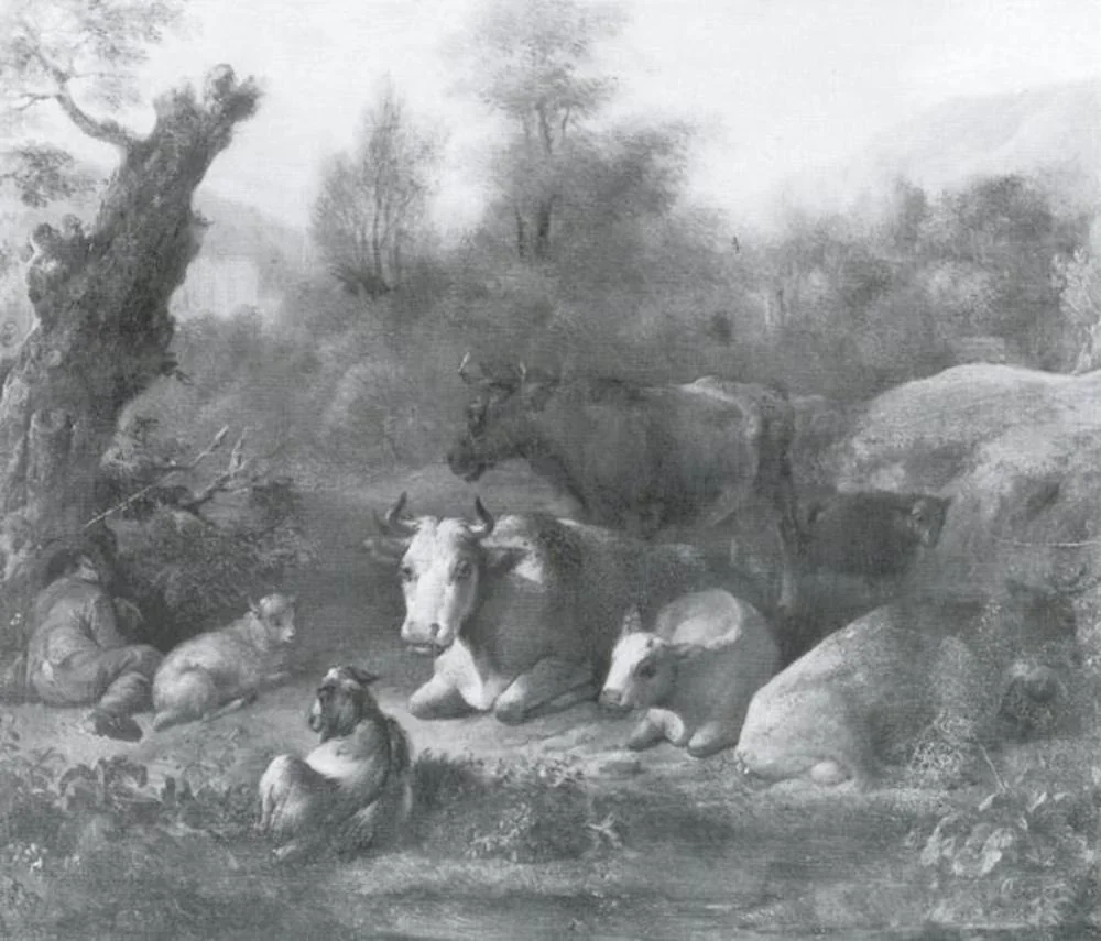 Cattle in a Landscape, by Jan Vermeer van Haarlem, oil, 1694