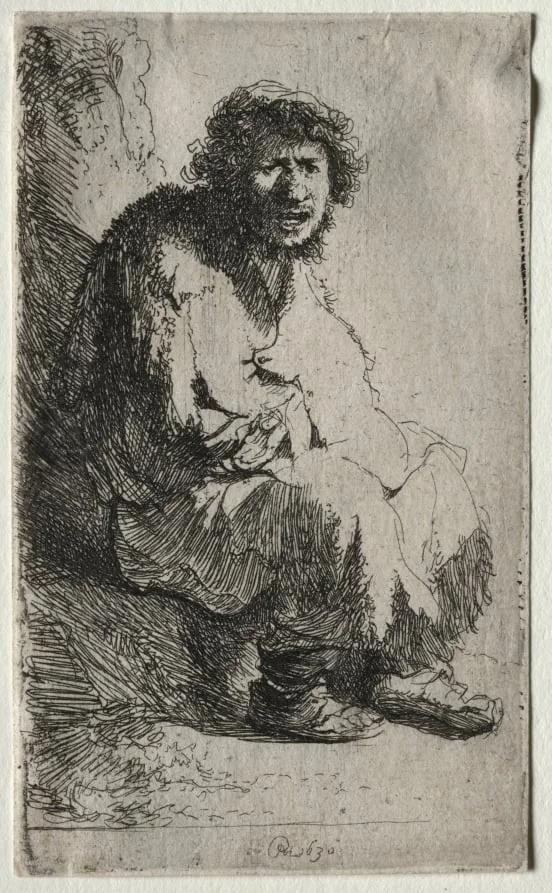 Beggar Seated on a Bank, by Rembrandt, 1630