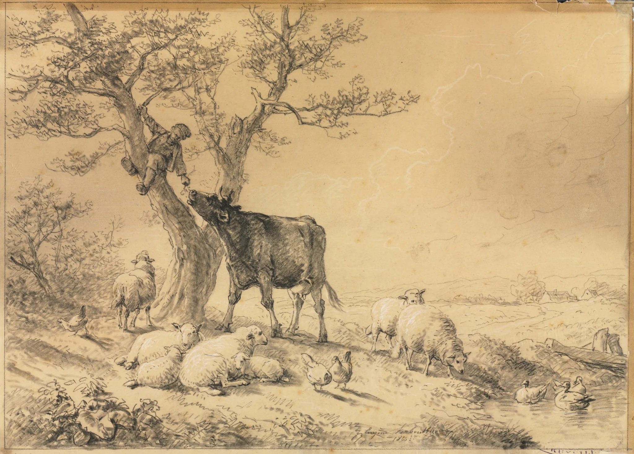 Landscape with Animals and Boy in Tree, by Eugène Verboeckhoven, 1866