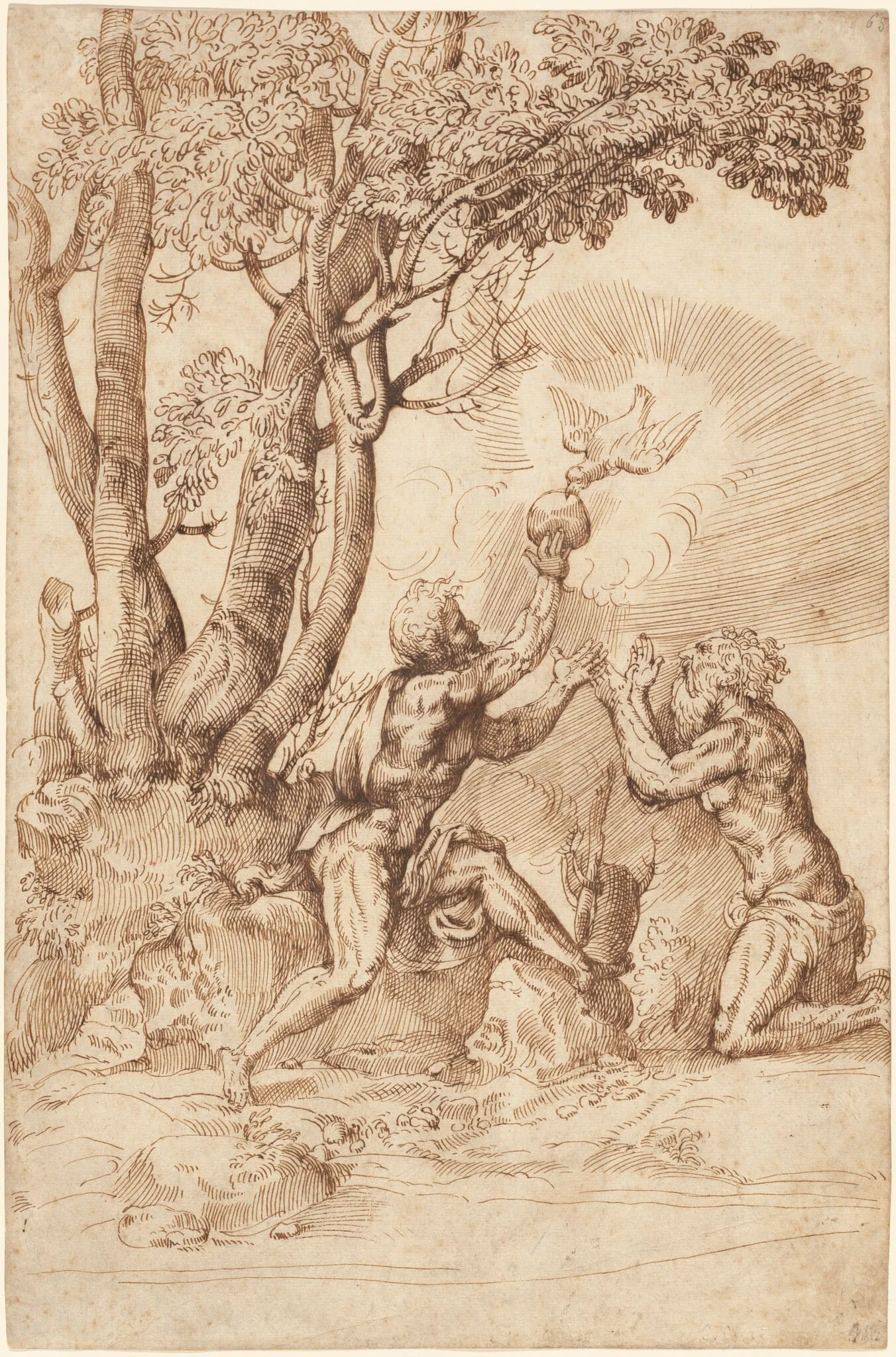 The Hermit Saints Paul and Anthony Receiving Bread from a Dove, by Domenico Campagnola, ink, 1534
