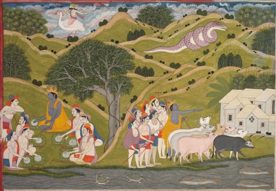 Krishna returns with the cowherds to Braj, from a Bhagavata Purana, by Unknown, unspecified, 1830
