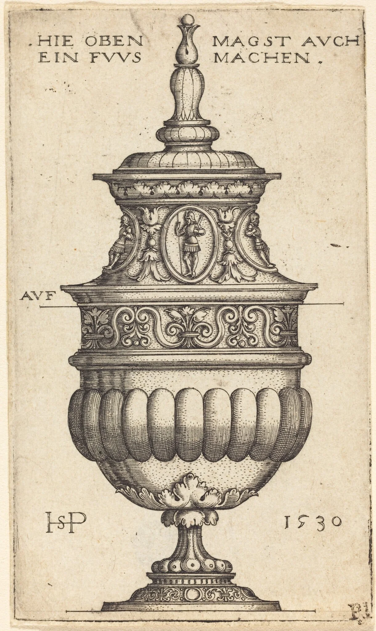 Double Goblet with Oval Medallions of Knights, by Sebald Beham, ink, 1530