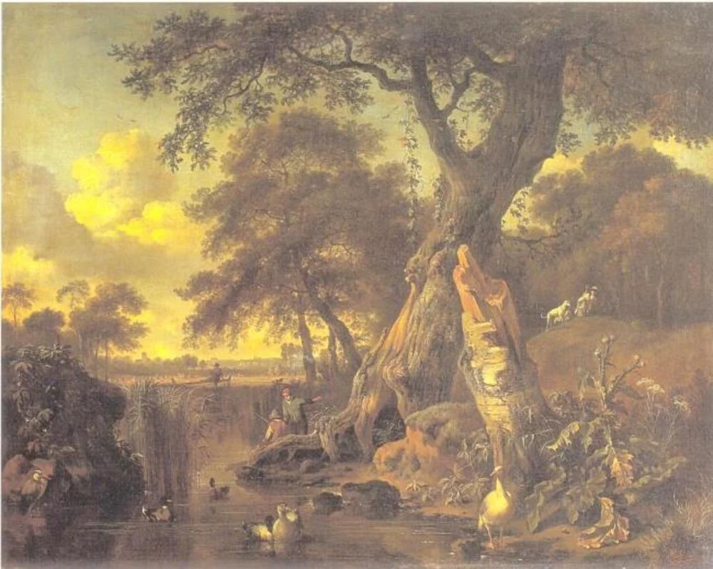 River Landscape with Fisherman and Hunter, 1671, by Jan Wijnants, oil, 1671