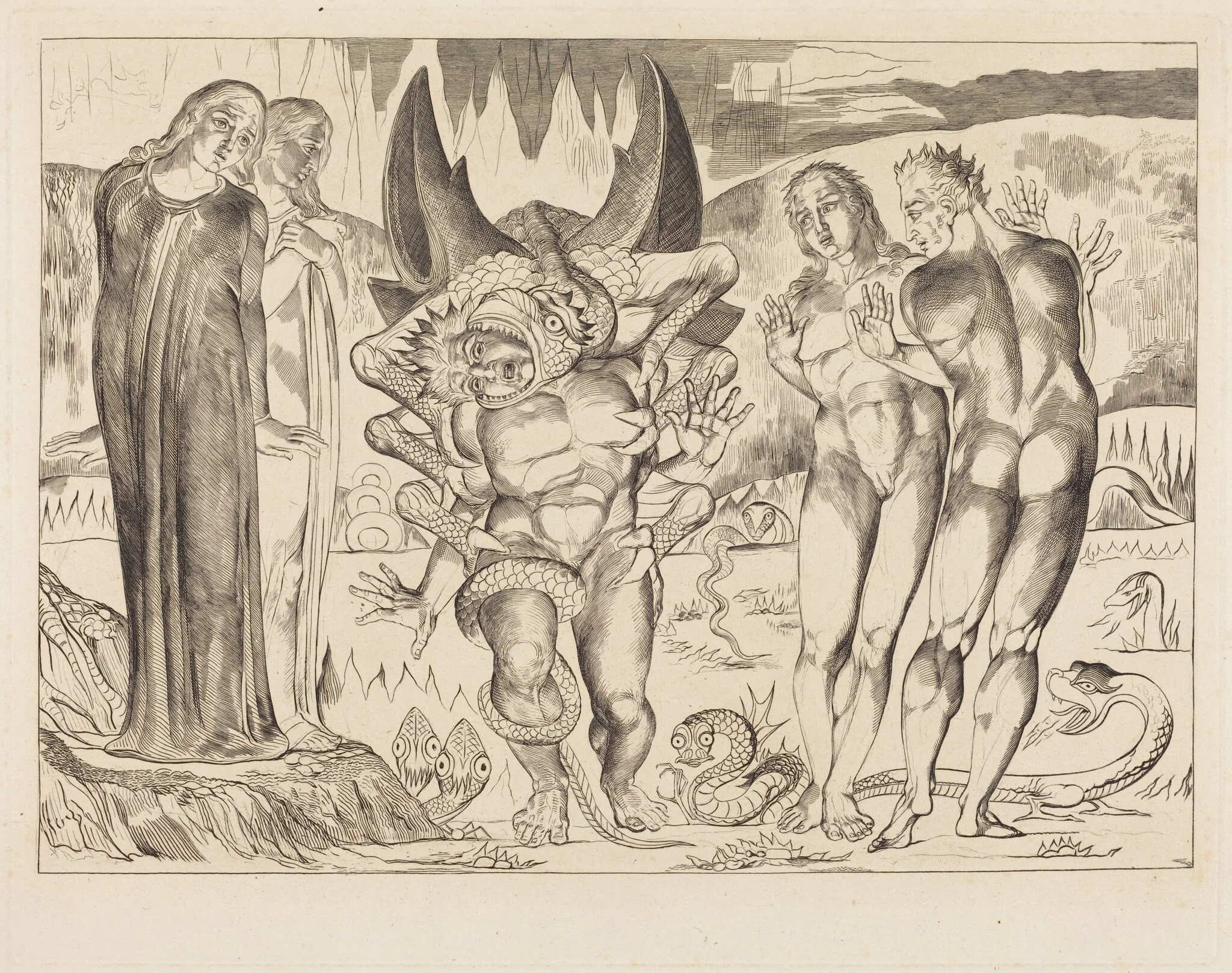 The Circle of the Thieves; Agnolo Brunelleschi Attacked by a Six-Footed Serpent, by William Blake, ink, 1827