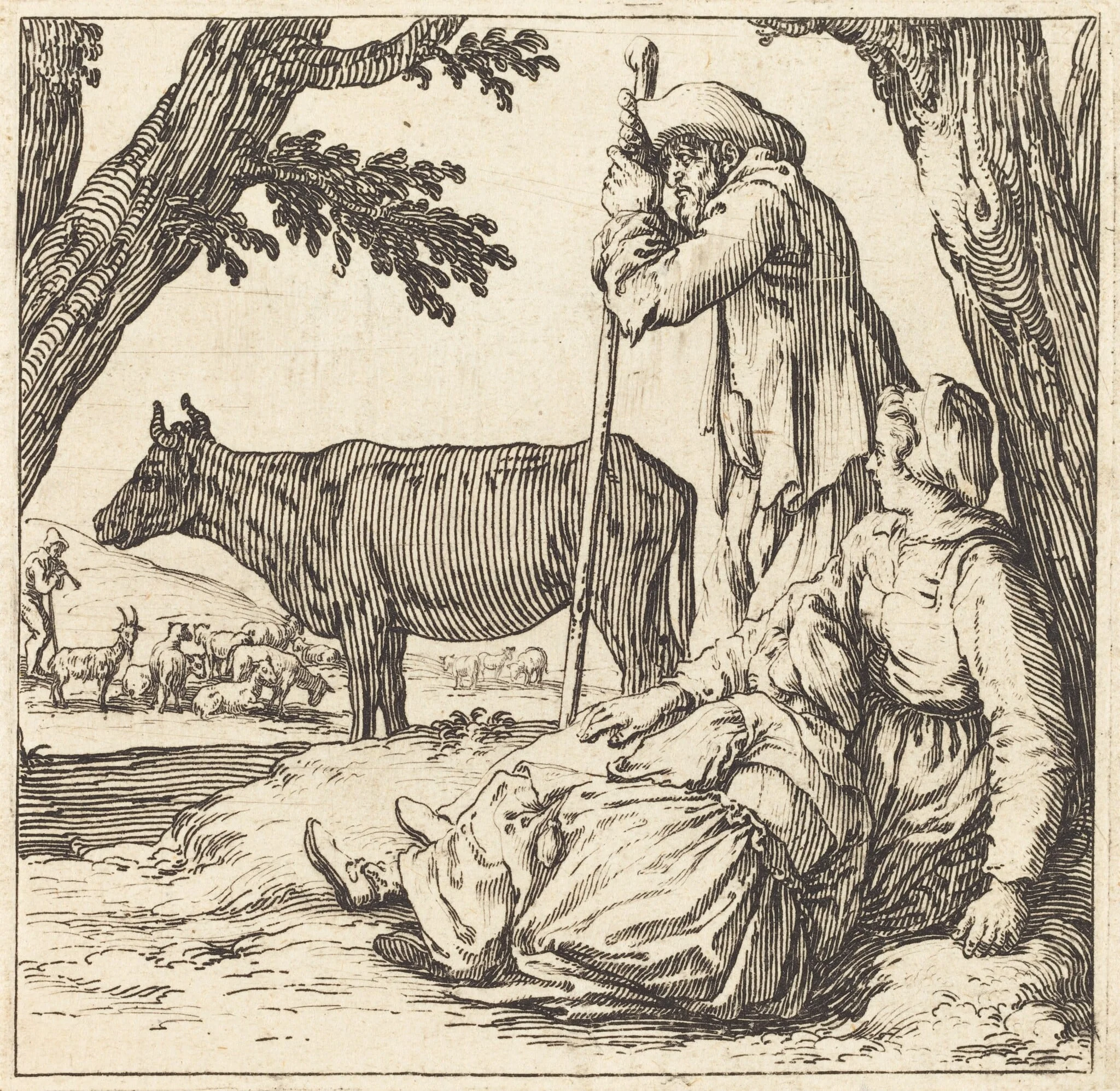 Peasant Couple with Cow, by Jacques Callot, ink, 1621