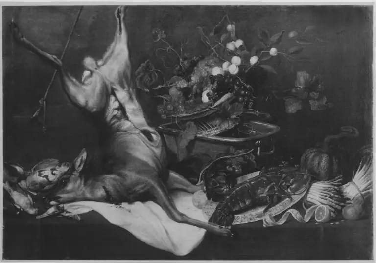 Still life with a dead roebuck, lobster and fruits