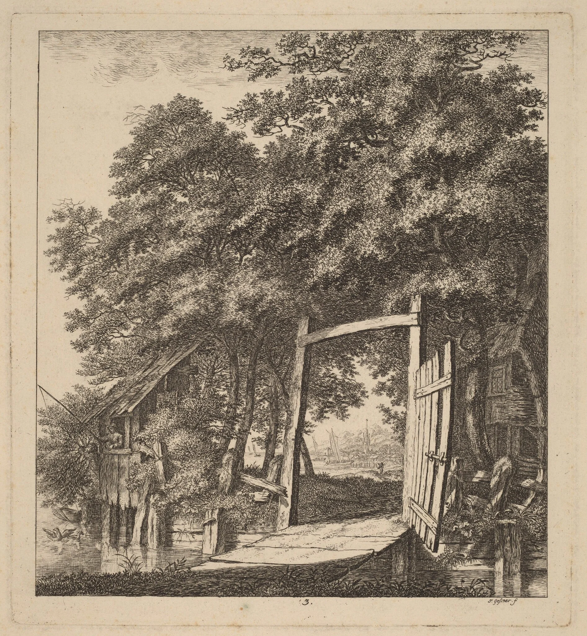 A Rustic Gate beside a Lake, by Salomon Gessner, ink, 1764