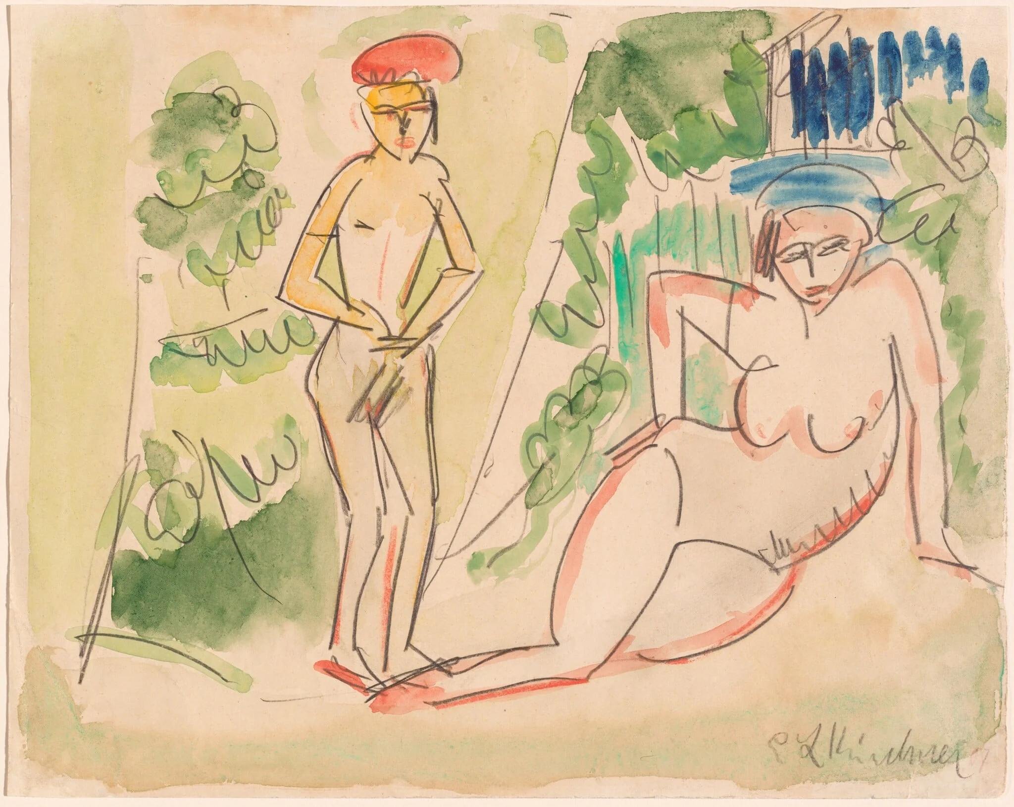 Two Bathers near the Woods, by Ernst Ludwig Kirchner, graphite, 1910