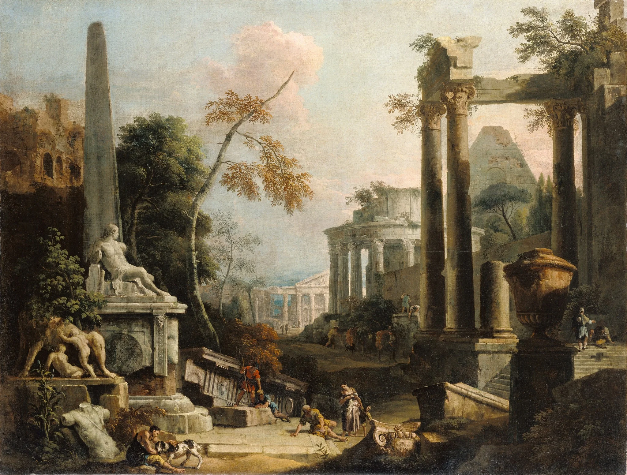 Landscape with Classical Ruins and Figures, by Sebastiano Ricci, oil, 1727