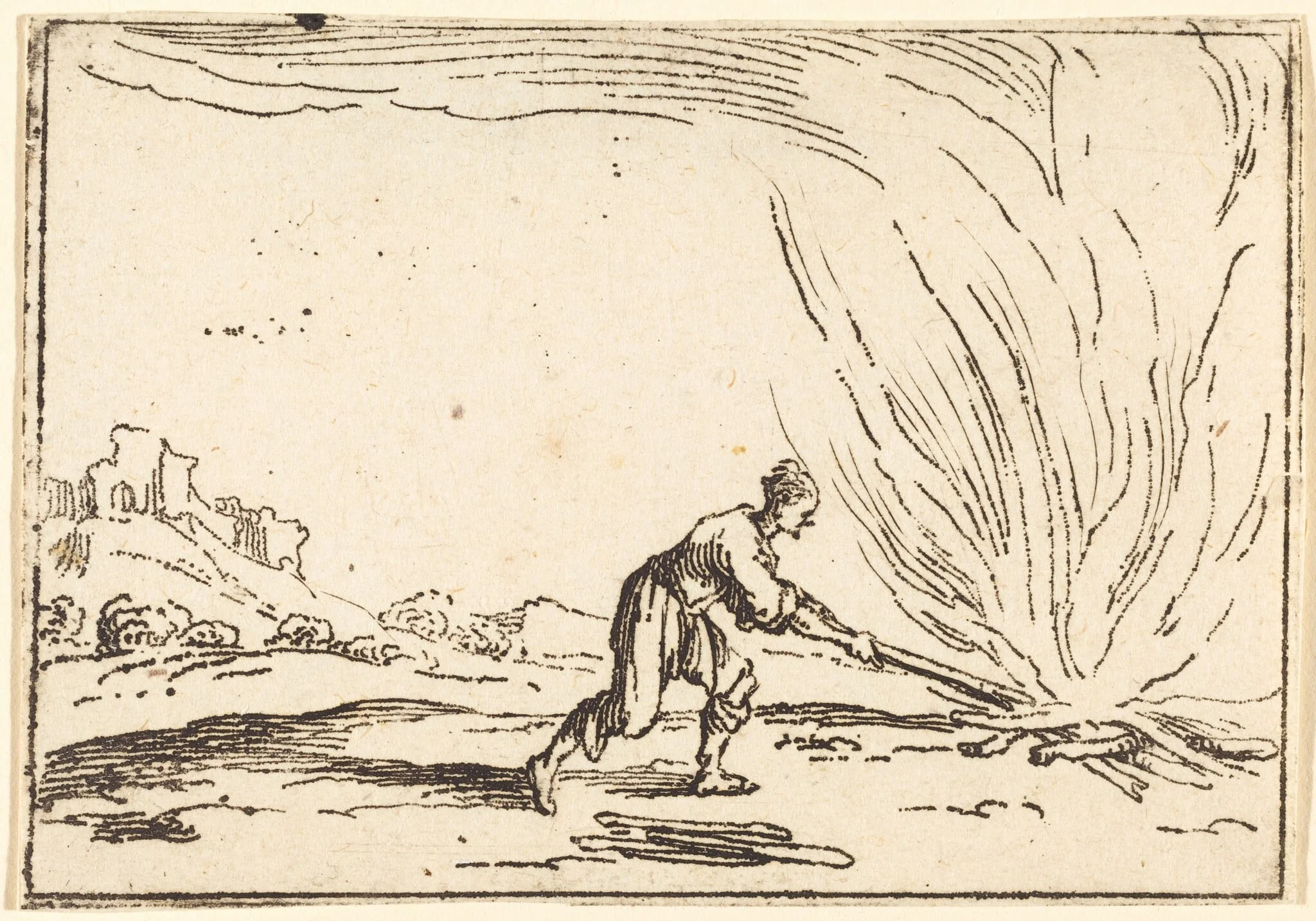 Man Attending a Fire, by Jacques Callot, ink, 1628