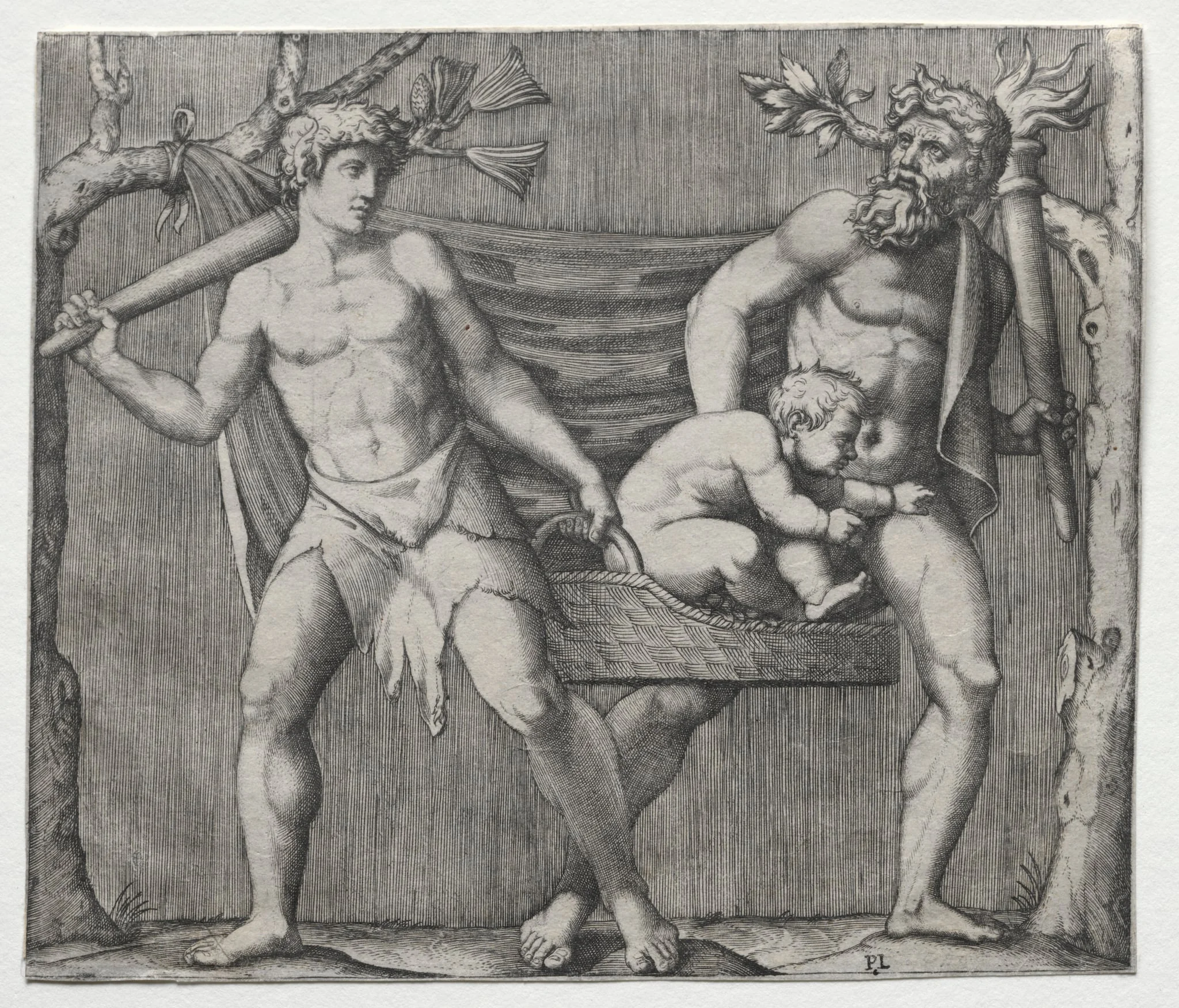 Two Fauns Carrying a Child in a Basket, by Marcantonio Raimondi, 1514
