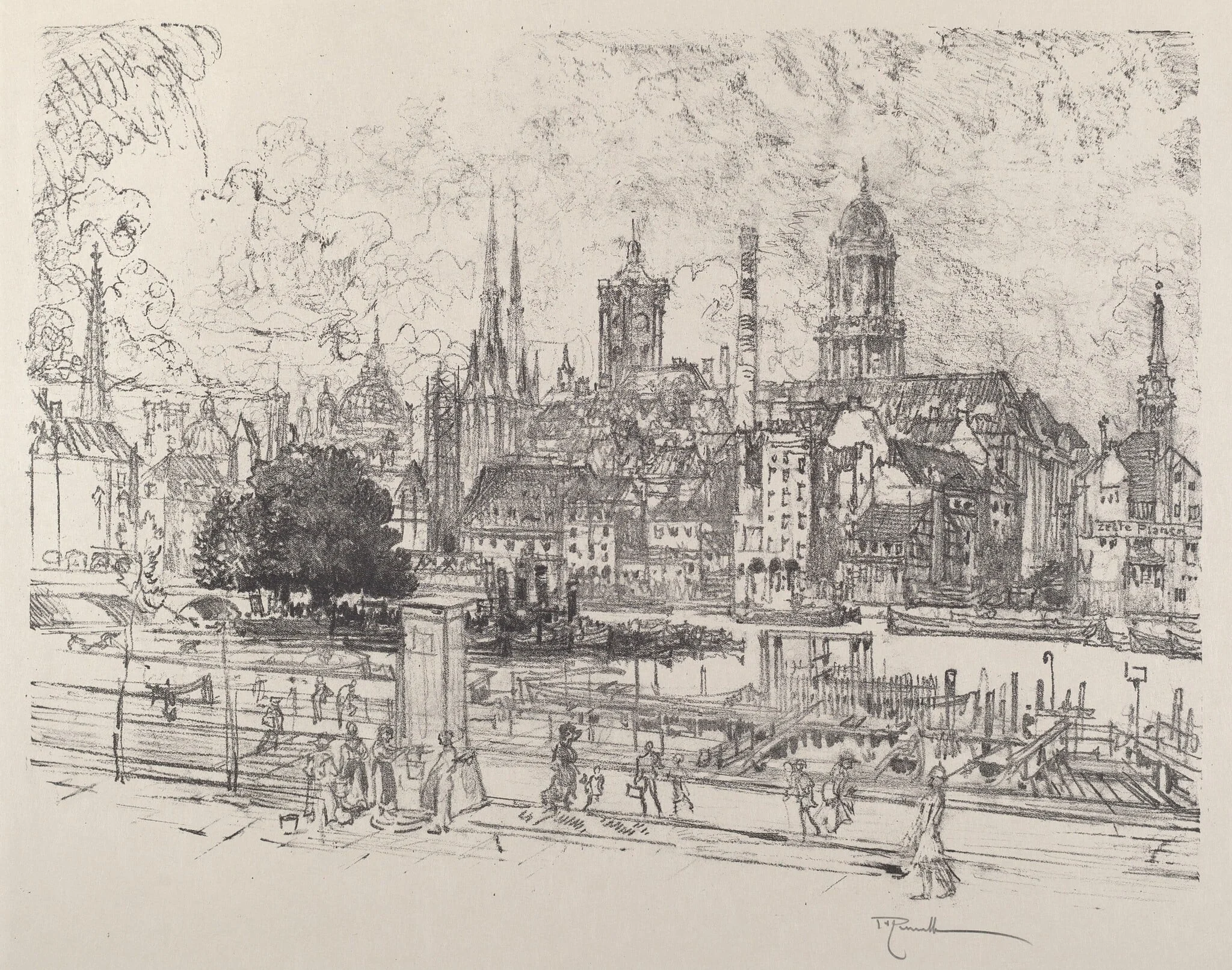 View on the Spree, Berlin, by Joseph Pennell, ink, 1921
