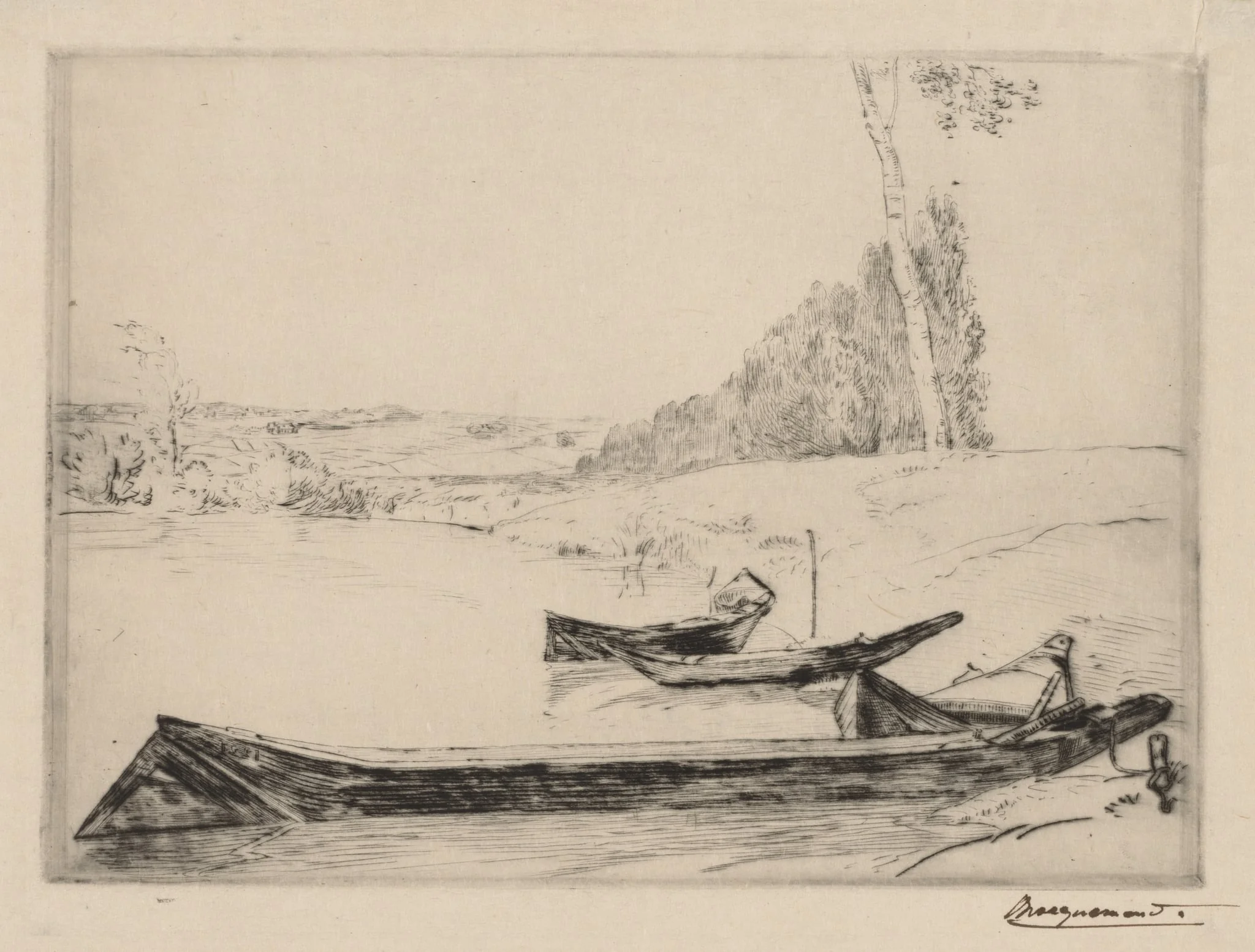 Small ferry-boats on the banks oft he Seine, by Félix Bracquemond, 1858