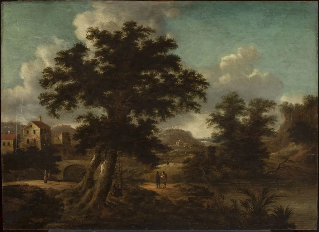 Landscape with a bridge, a large tree and travellers