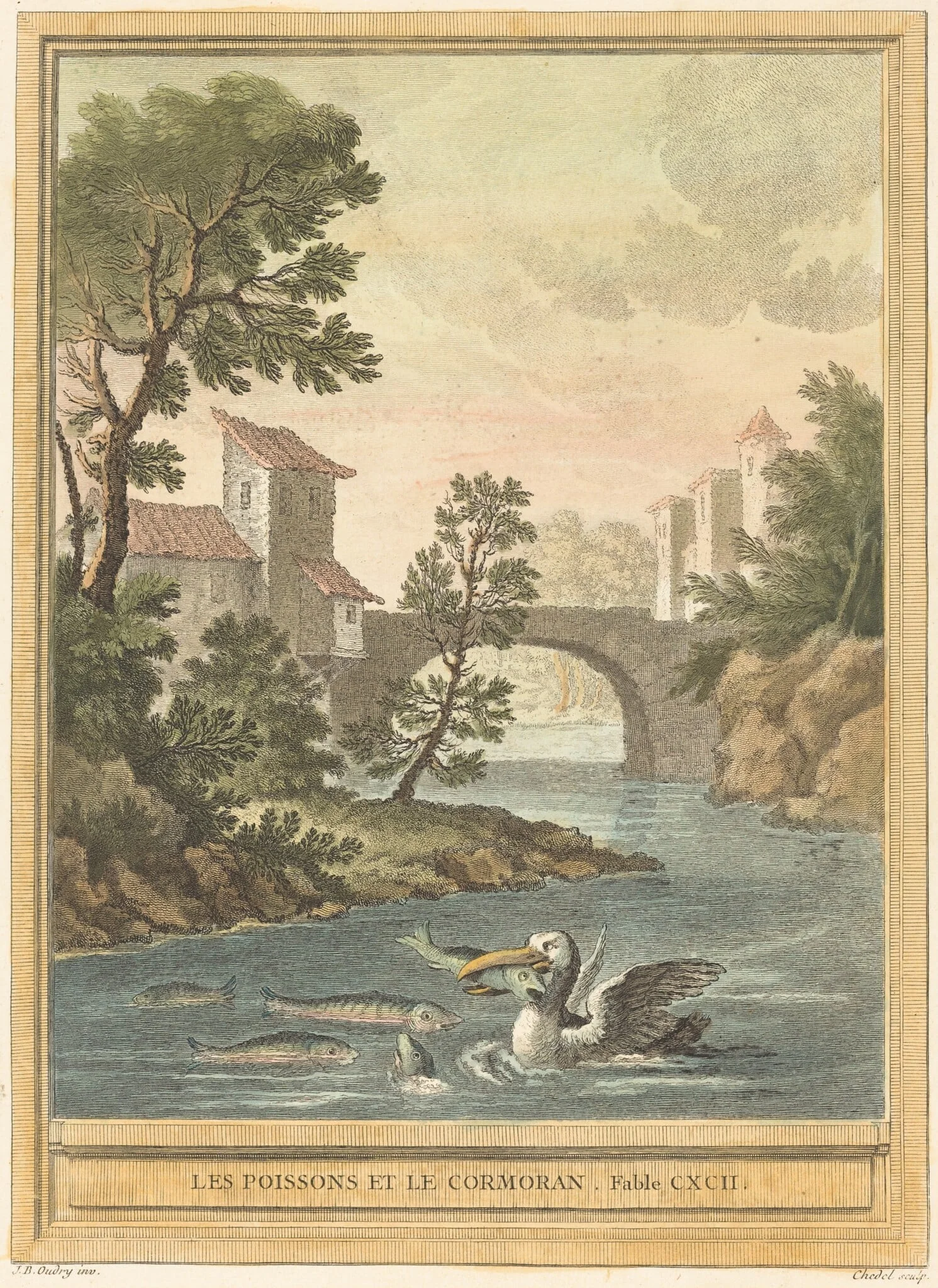 Les poissons et le cormoran (The Fish and theCormorant), by Quentin-Pierre Chedel, ink, 1759