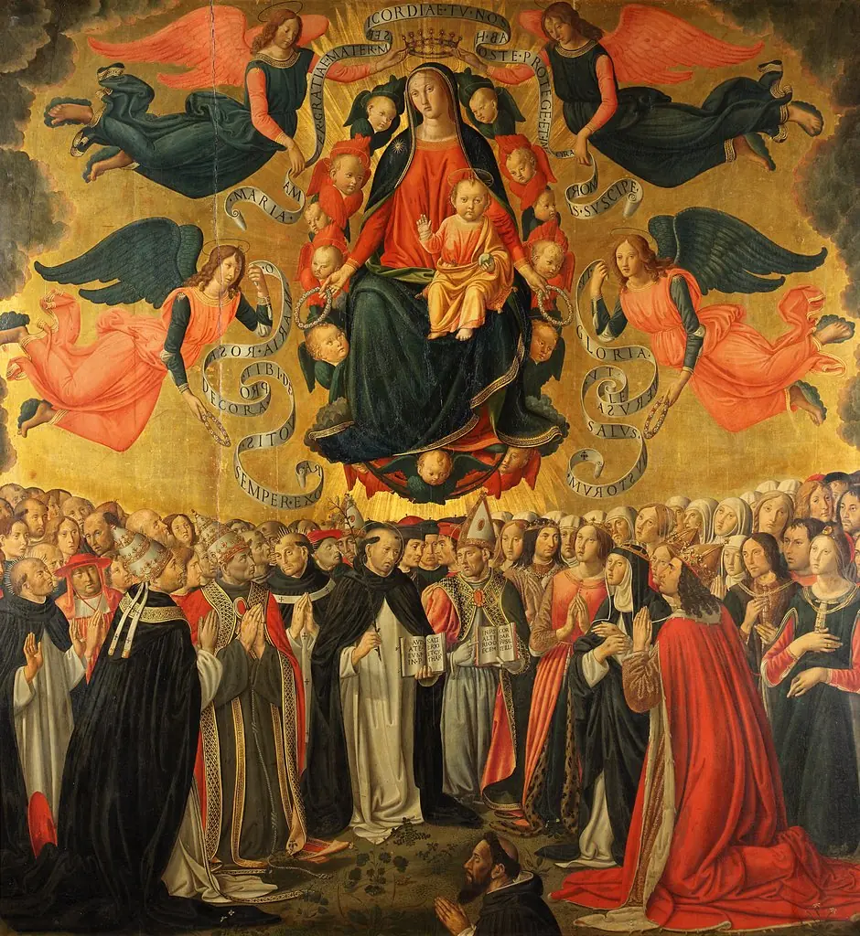 The Virgin with the Blessing Child in Glory,  adored by Angels, Saints, Prayers and a Donor