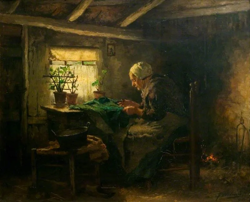 Interior with an Old Lady Seated and Cutting Cloth