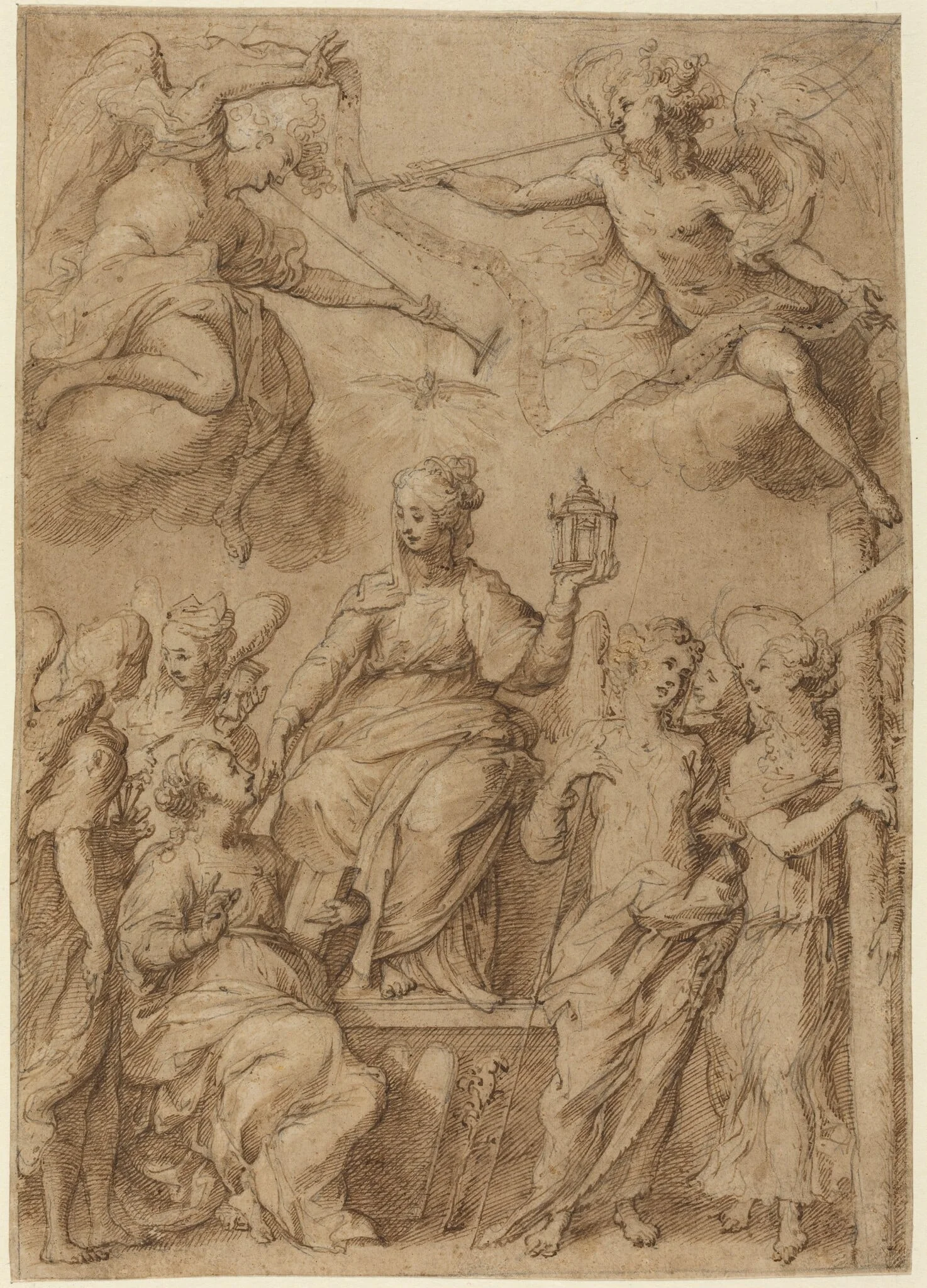 Ecclesia Surrounded by Angels Holding the Instruments of the Passion, by Bernardo Strozzi, chalk, 1613