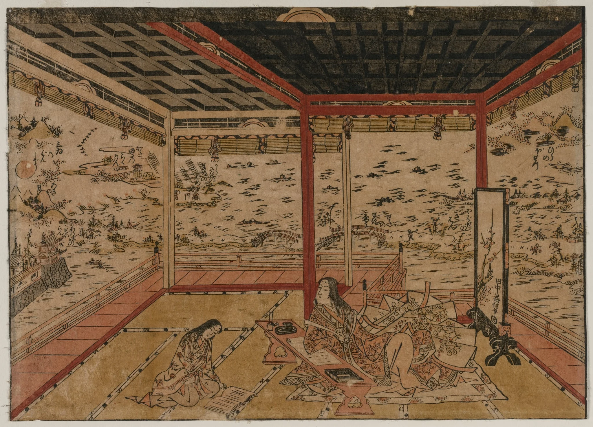 Lady Murasaki at Ishiyama Overlooking a Panorama with Eight Views of Lake Biwa, by Okumura Masanobu, 1744