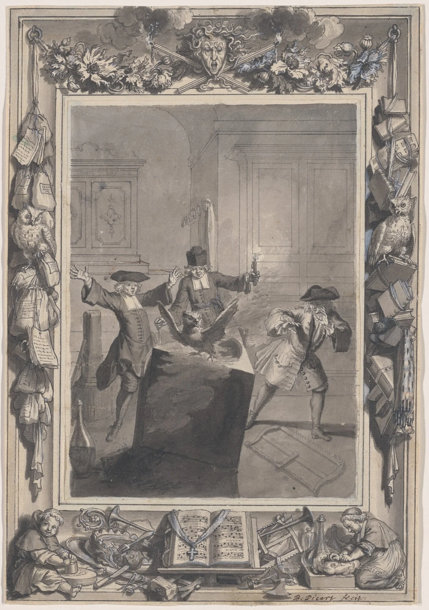 Le Lutrin: A  Night Scene with Boirude, Brontin, and L'Amour Surprised by an Owl Flying Out of a Lectern, by Bernard Picart, ink, 1718