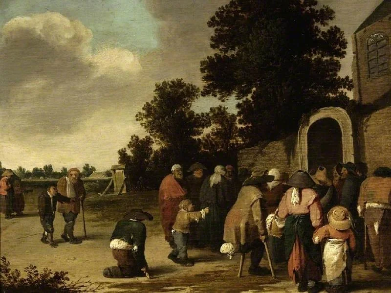 Outside an Alms-house, by Pieter de Bloot, oil, 1639