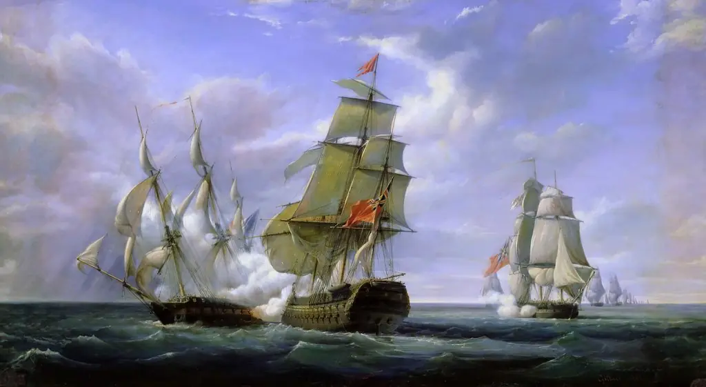 Fight of the British Third Rate 74-gun ship-of-the-line HMS Tremendous and HMS ''Hindostan against the French frigate Cannonière, 21 April 1806.