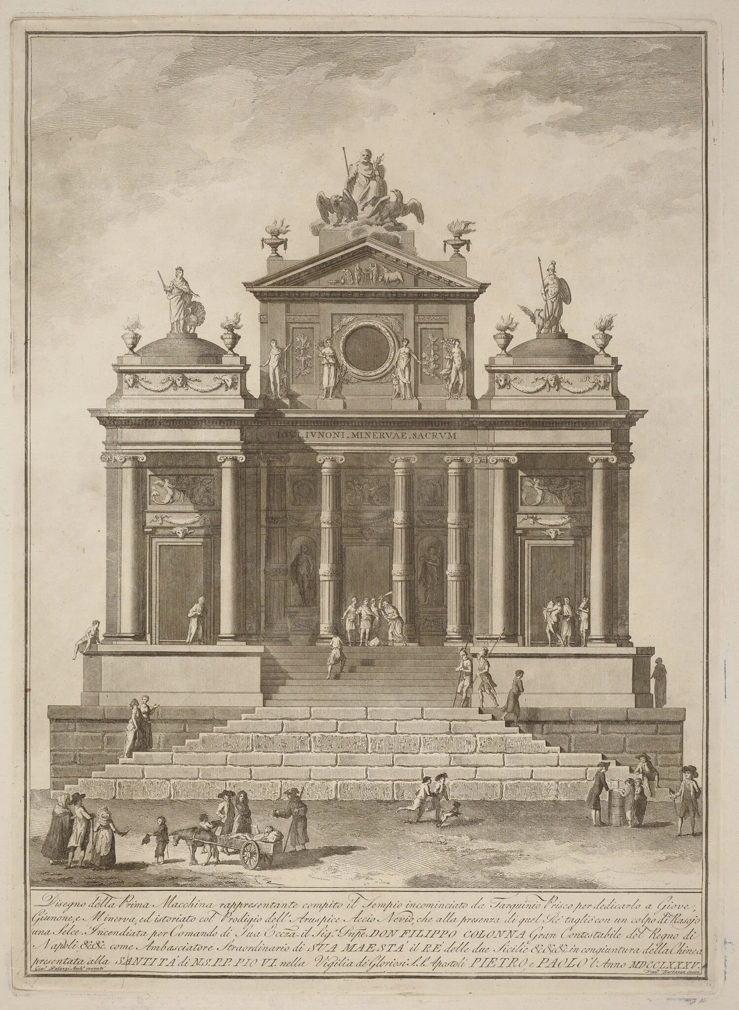 The Prima Macchina for the Chinea of 1785: The Temple of Jupiter Begun by Tarquinius Priscus with the Marvel of Accius Naevius, by Francesco Barbazza, ink, 1785