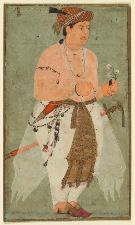 A Mughal Prince, Perhaps Danyal, Holding a Sprig of Flowers, by Unknown, unspecified, 1585