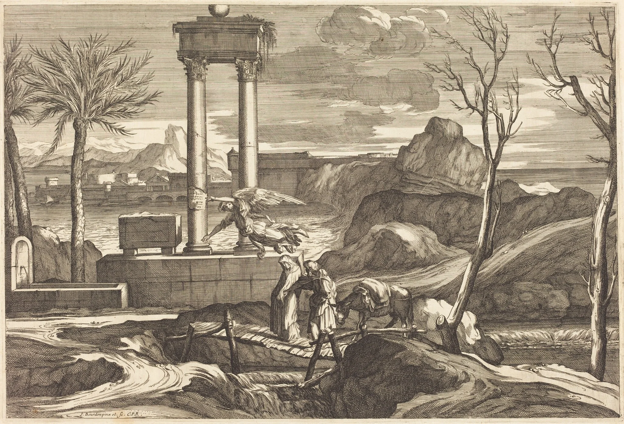 The Flight into Egypt, by Sébastien Bourdon, ink, 1644