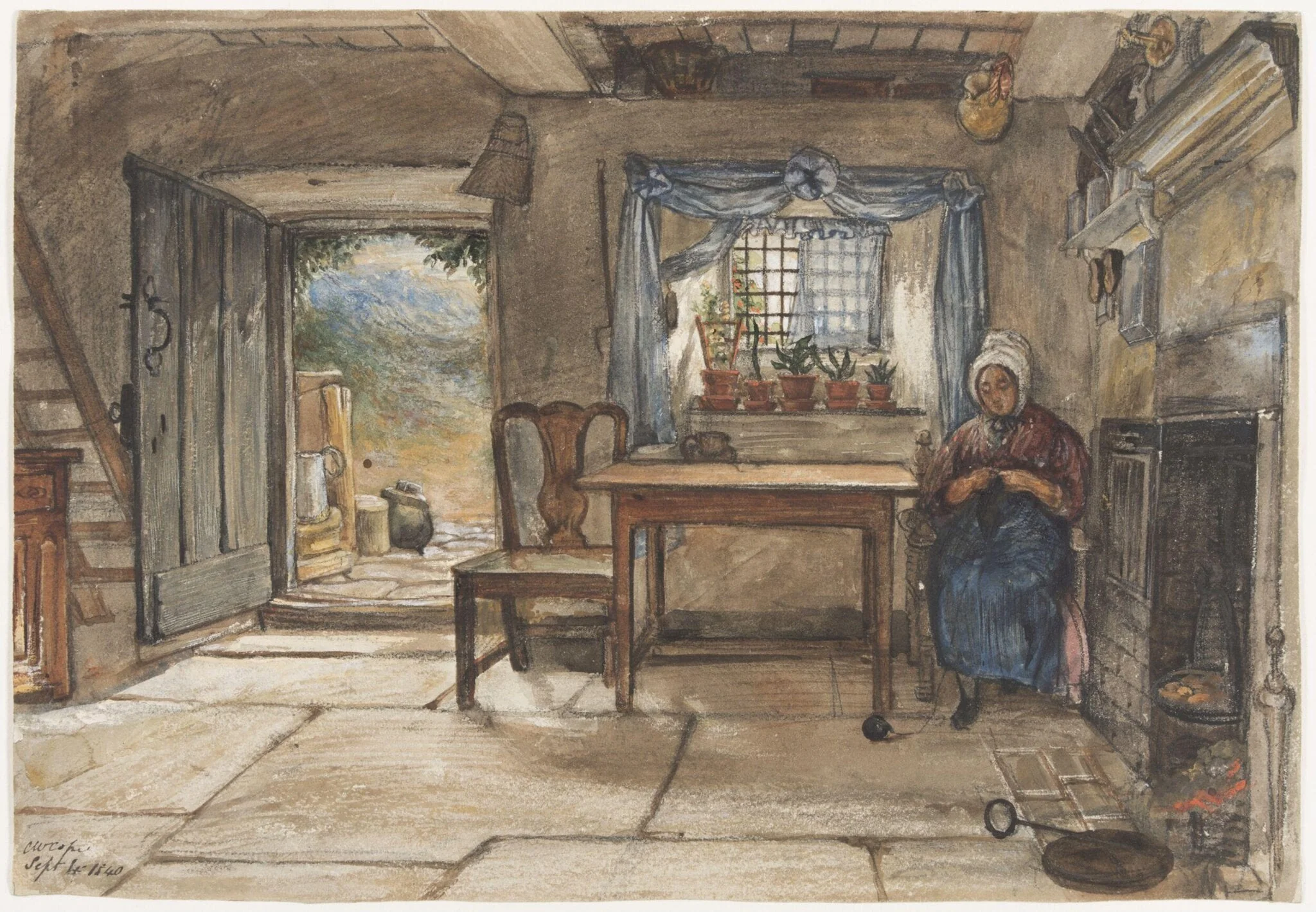 Interior of a cottage at Rievaulx, Yorkshire, by Cope, watercolor, 1840