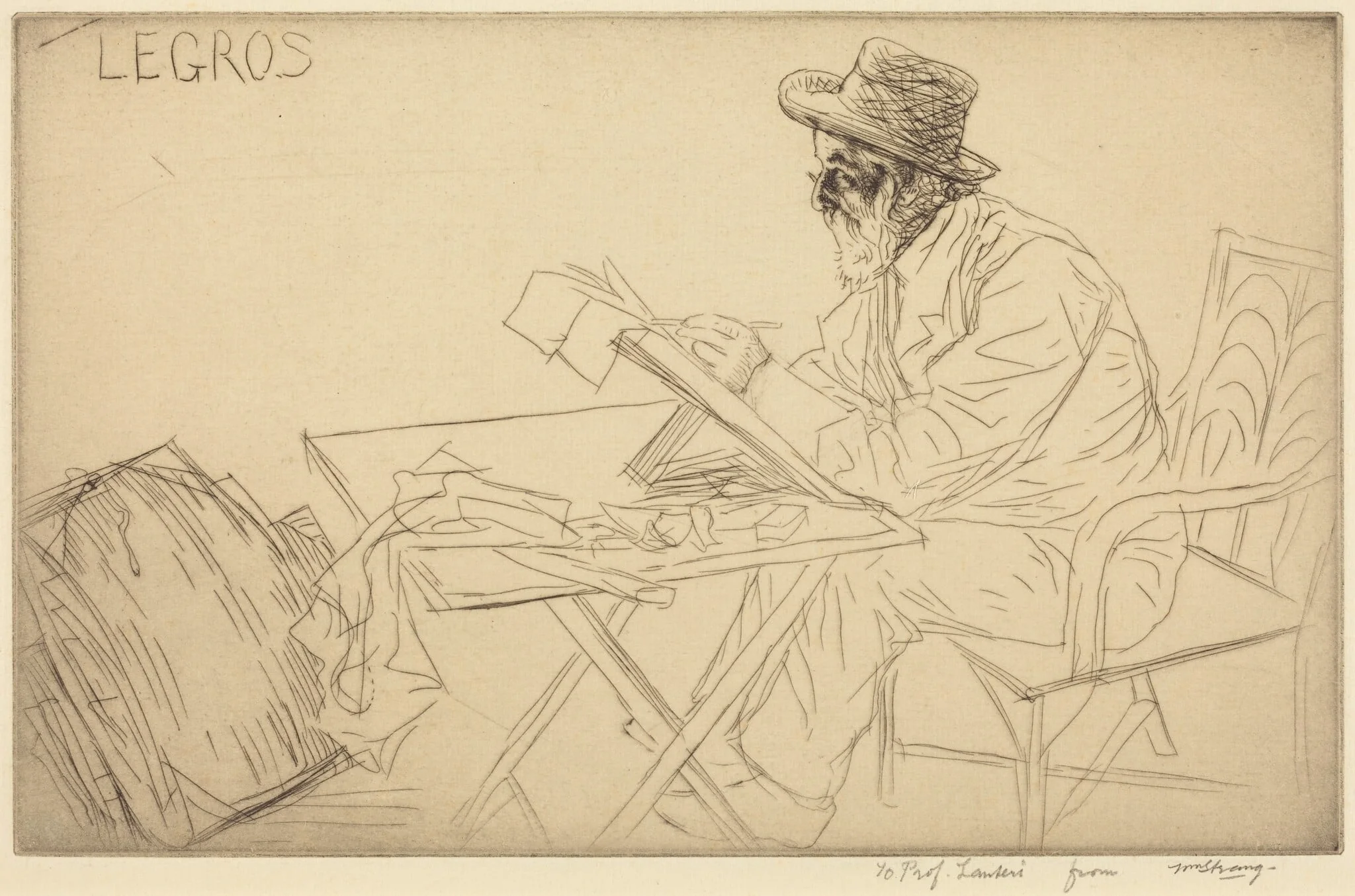 Alphonse Legros Sketching, by William Strang, ink, 1913
