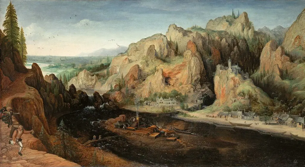 Gebirgslandschaft mit räuberischem Überfall und Stuckofen