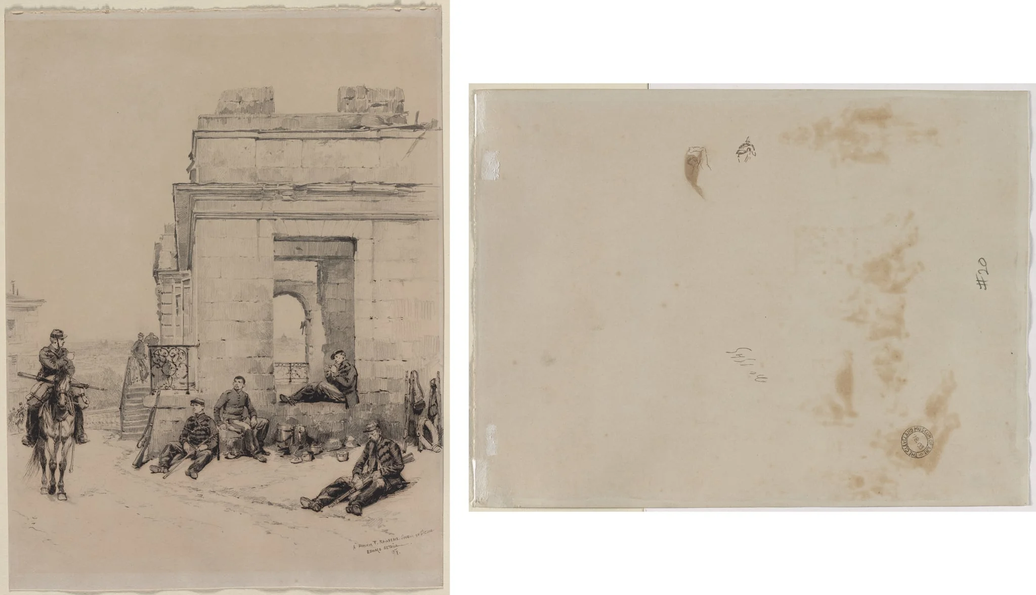 Soldiers Resting (recto); Sketch of a Man with Upraised Arm and Sketch of a Helmet (verso), by Édouard Detaille, 1878