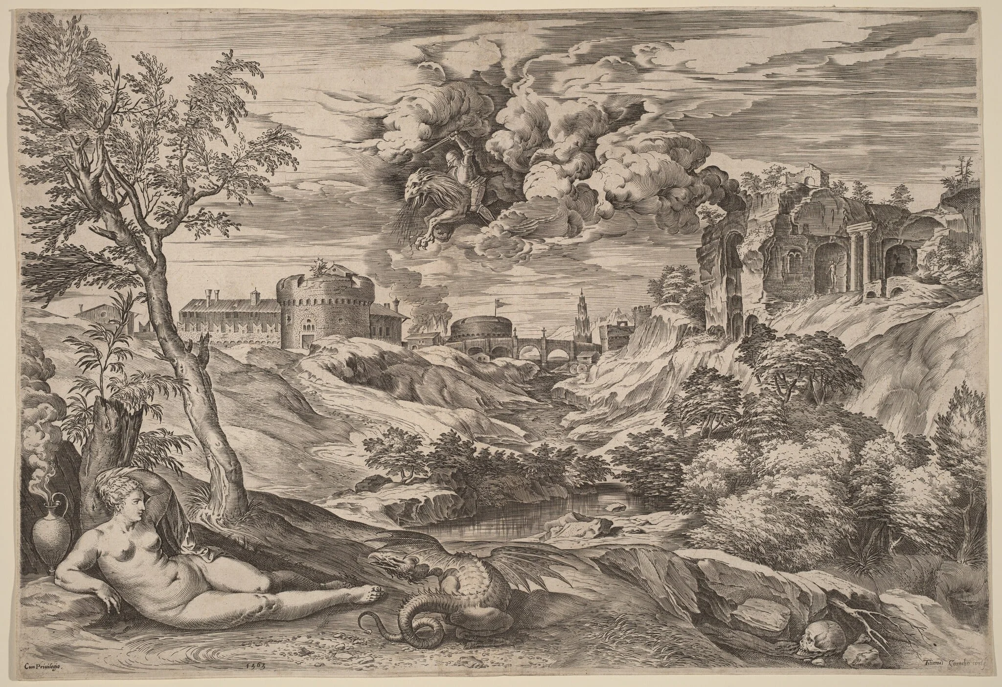 Landscape with Roger Liberating Angelica, by Cornelis Cort, ink, 1565