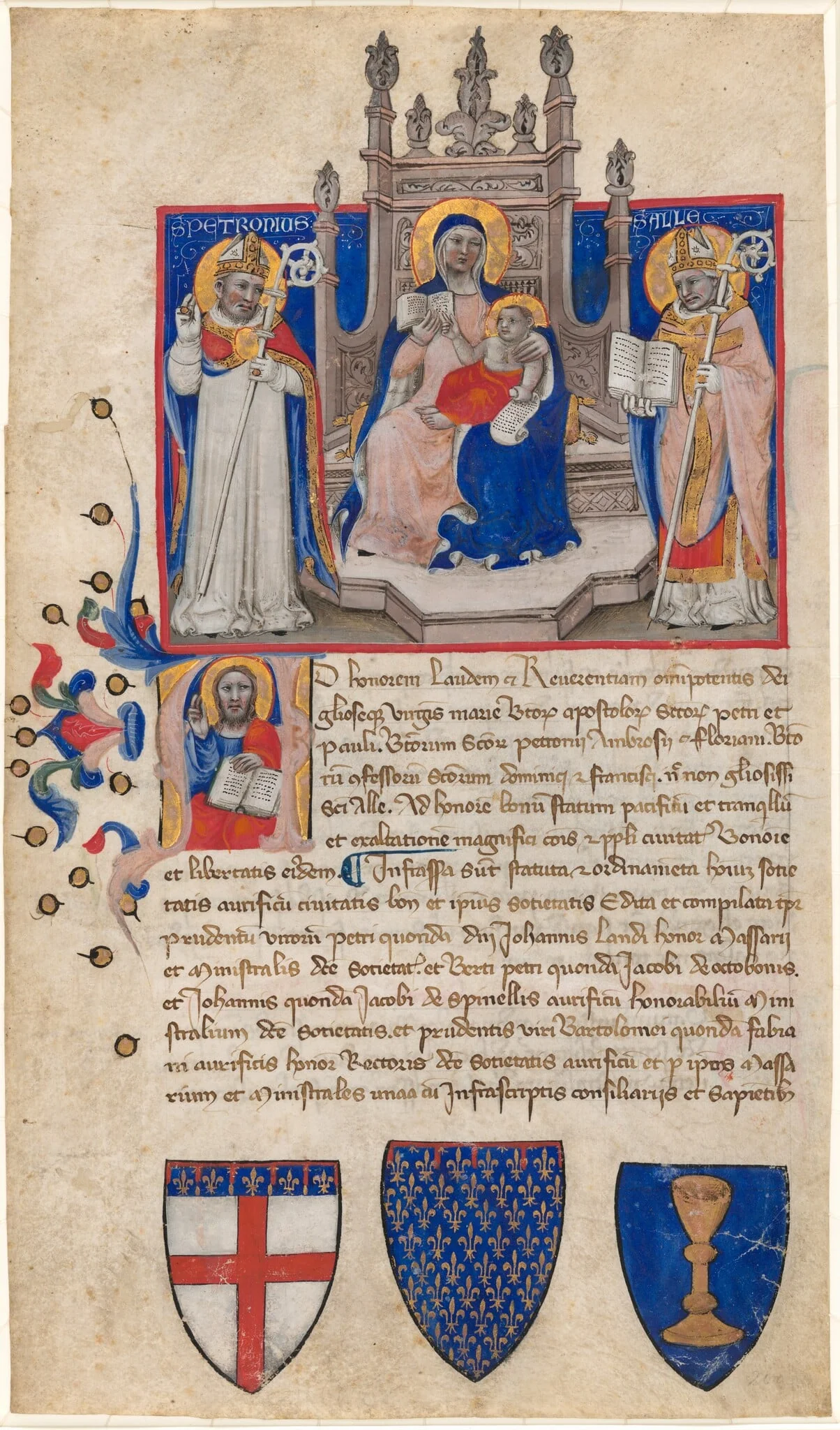 Madonna and Child Enthroned between Saints Petronius and Alle (Eligius); Christ in the Initial A, by Niccolò di Giacomo da Bologna, 1383