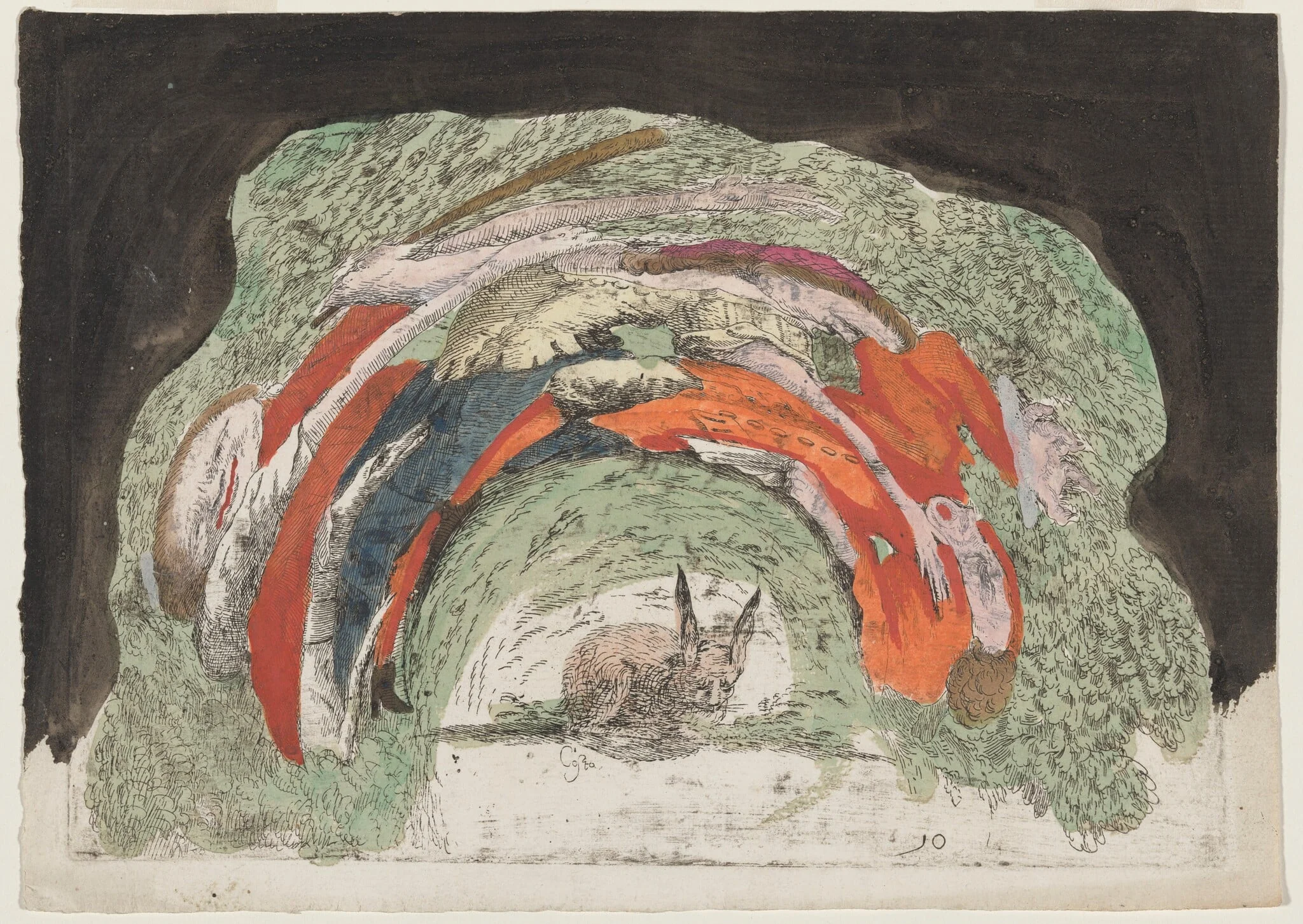 Rabbit and Two Fighting Men, by Giovanni Francesco Costa, watercolor, 1747