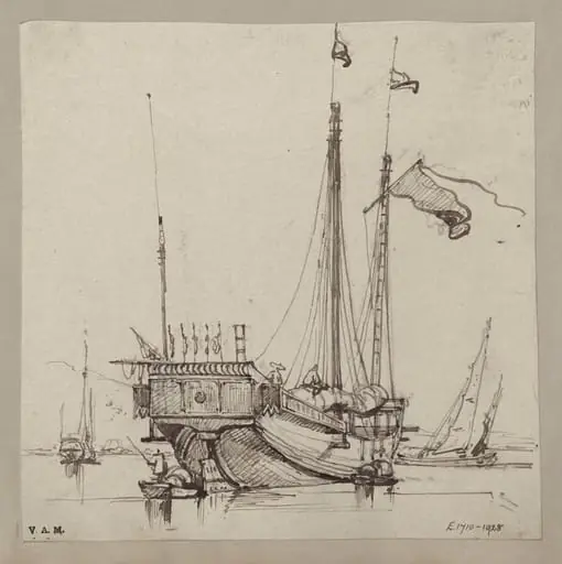A junk with flag aloft and pennants along the stern