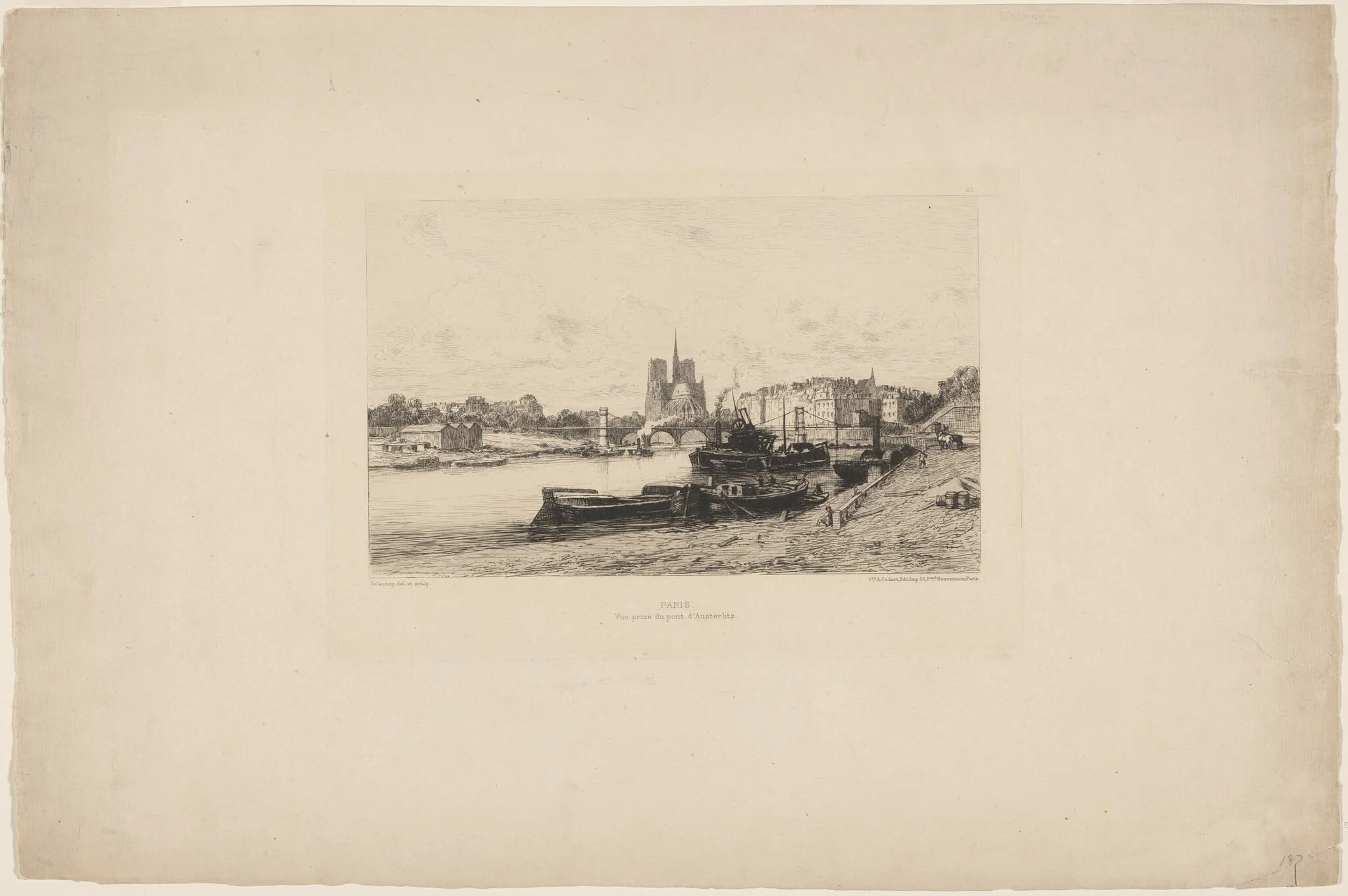 Paris: Vue prise du pont d'Austerlitz (Paris: View Taken from the Pont d'Austerlitz), by Alfred-Alexandre Delauney, ink, 1877