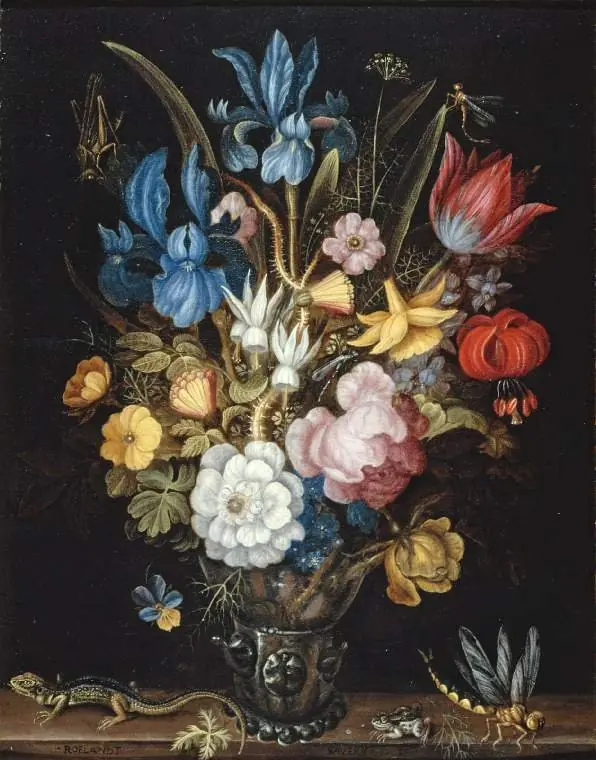 Still life with flowers in a glass berkemeyer with a lizard, frog and dragonfly on a ledge