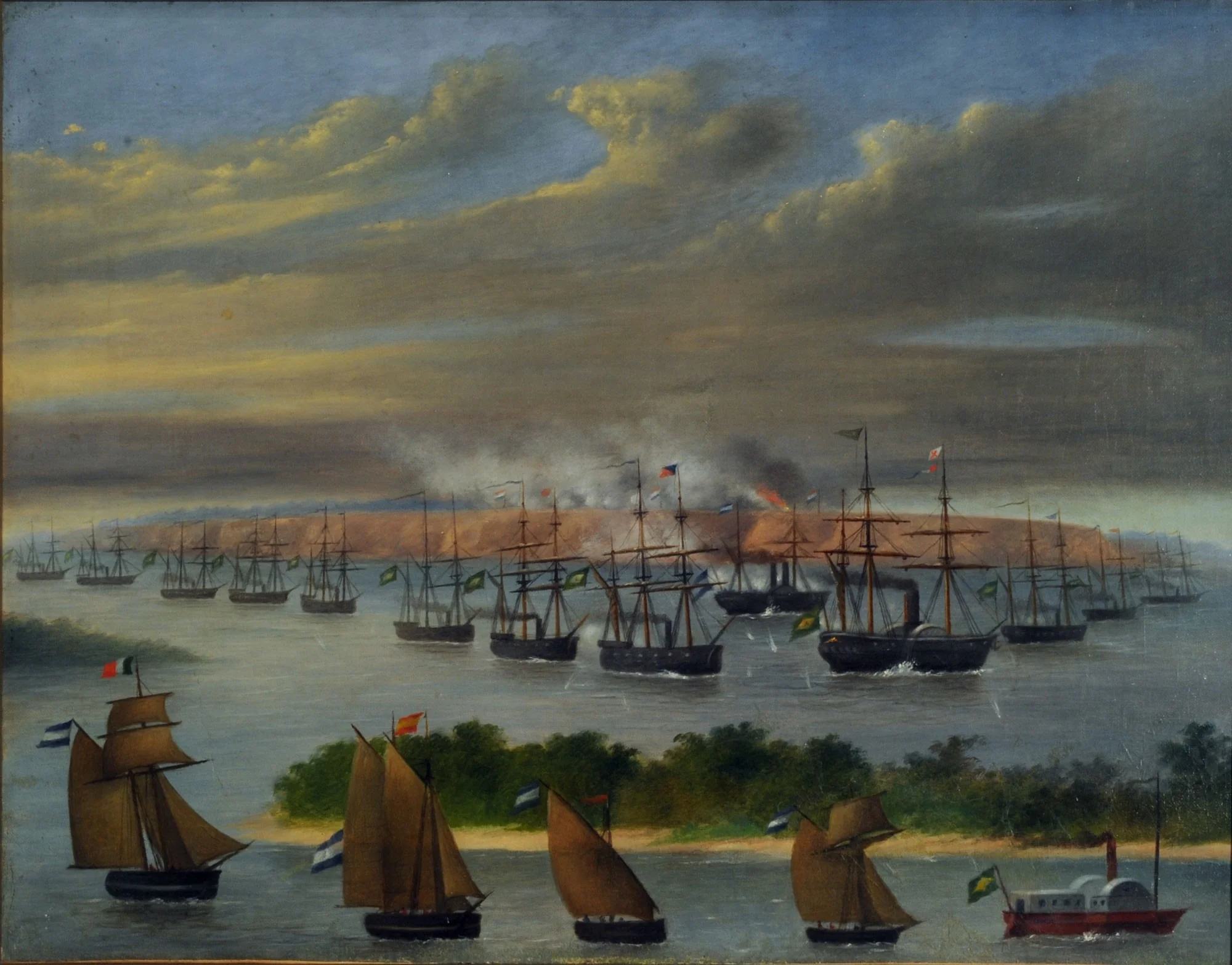 La Escuadra en el canal Privado del Paso de la Patria, 23 de abril de 1866, by Luis Candido Lopez, oil, 1881