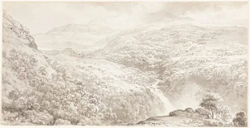 A Mountain Valley with a Waterfall