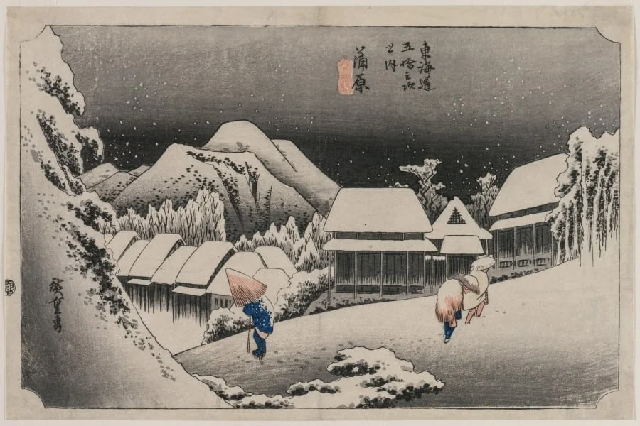 Evening Snow at Kambara (number sixteen of the series Fifty-three Stations of the Tokaido), by Utagawa Hiroshige, 1833