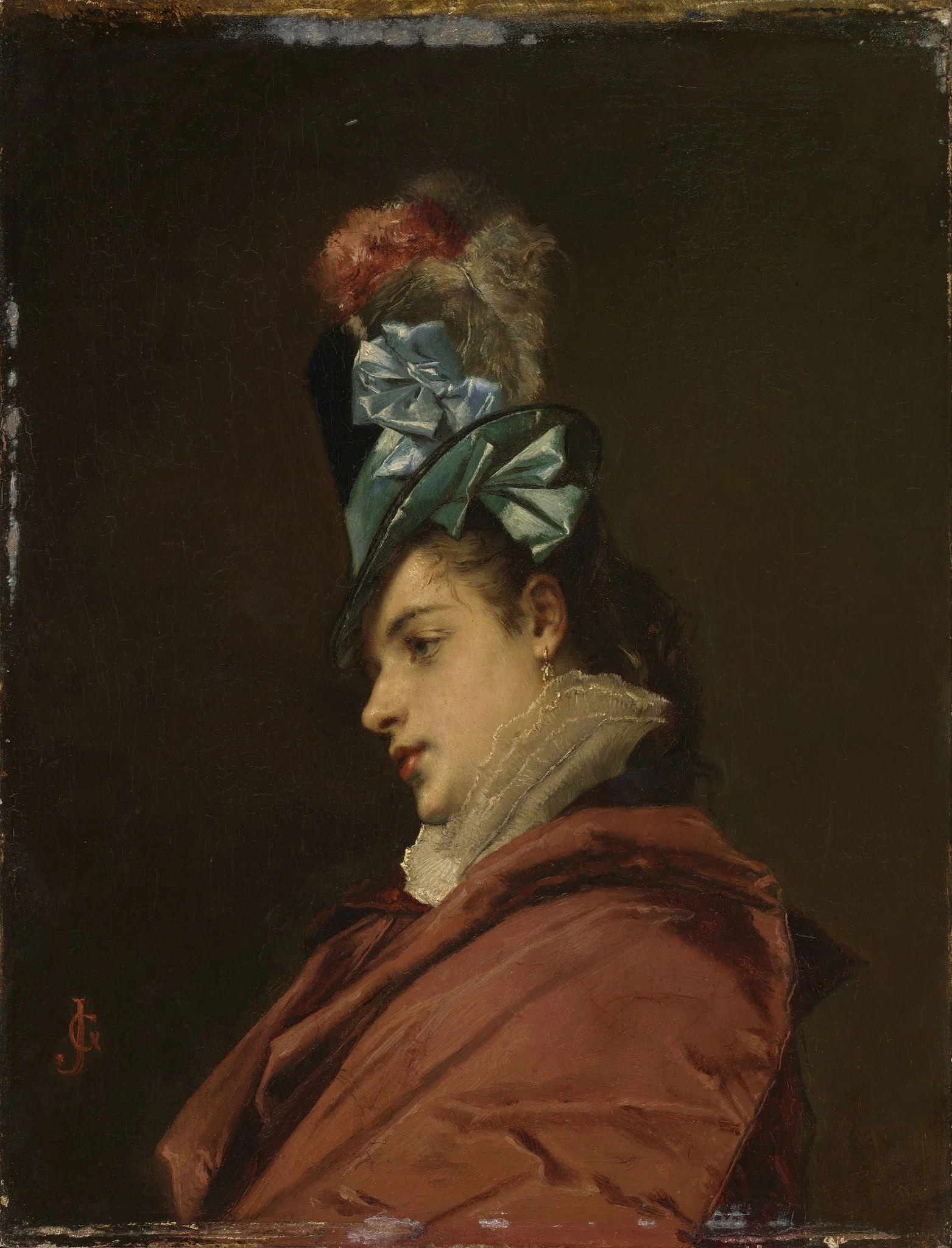 Woman Wearing a Hat with a Blue Ribbon