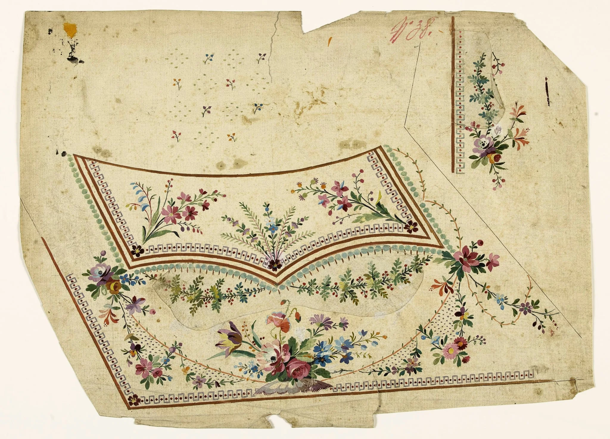 Composition avec bouquets de fleurs, frises de perles amandes et de grecques mauves, projets de broderies de gilet, XVIIIème siècle