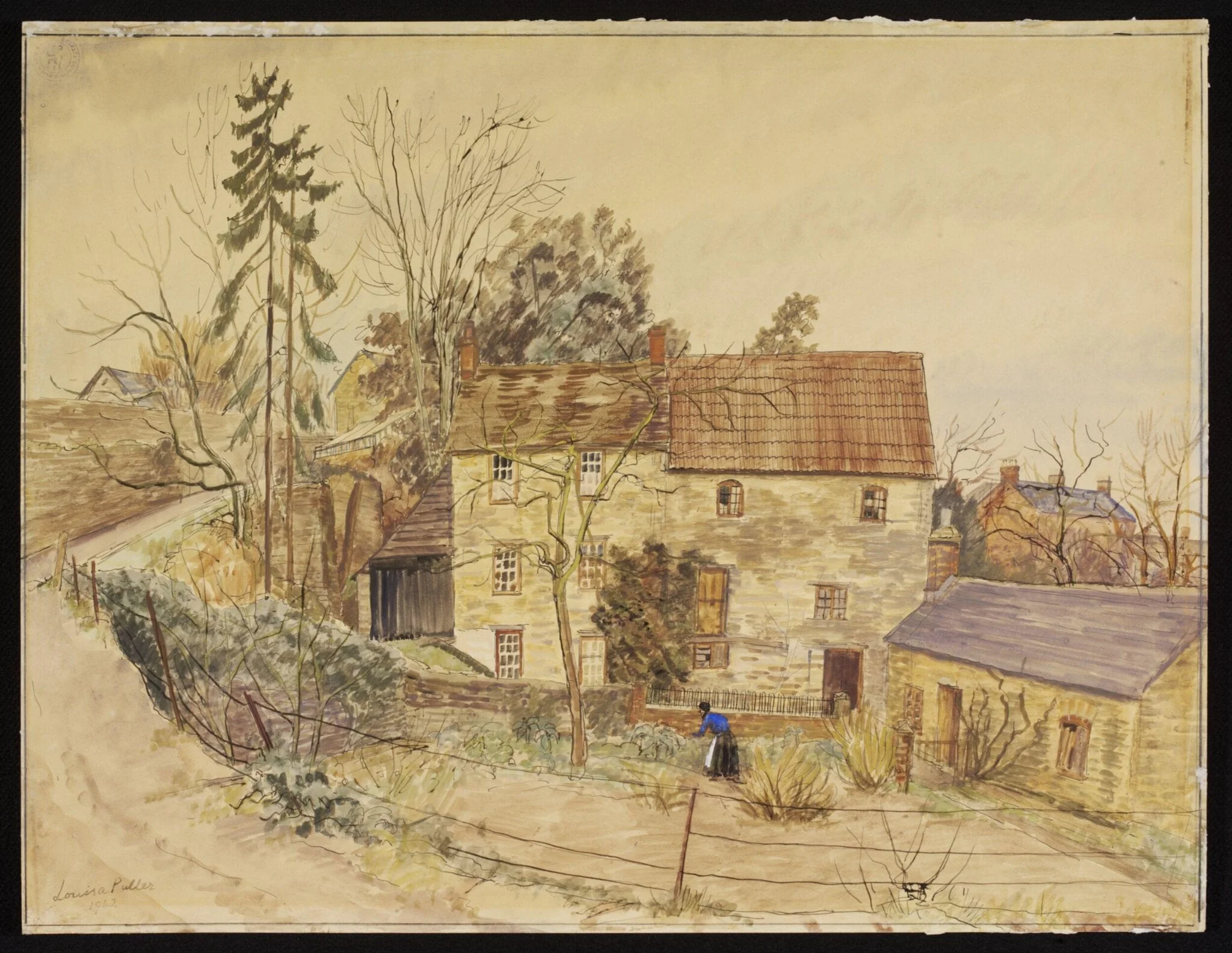Mill and Millhouse, Malmesbury, by Puller, watercolor, 1942