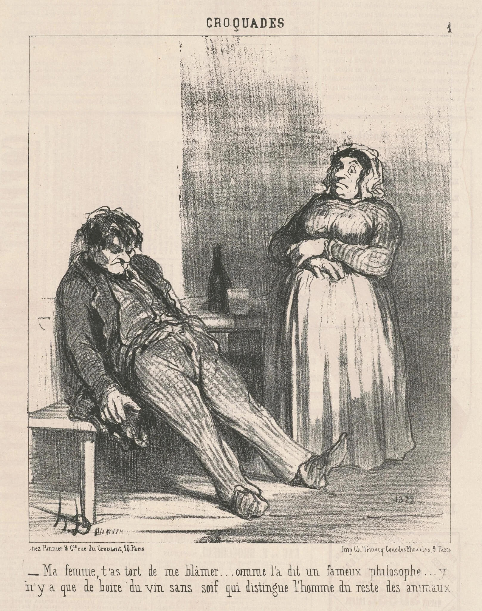 Ma femme, t'as tort de me blamer ..., by Honoré Daumier, ink, 1851