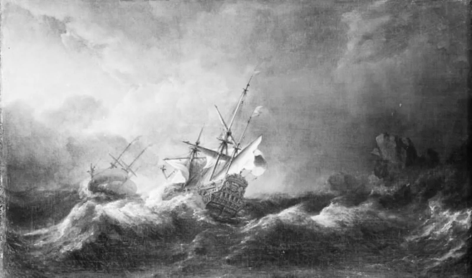 Dutch Men-of-War in a Storm off a Rocky Coast, by Unknown, 1650