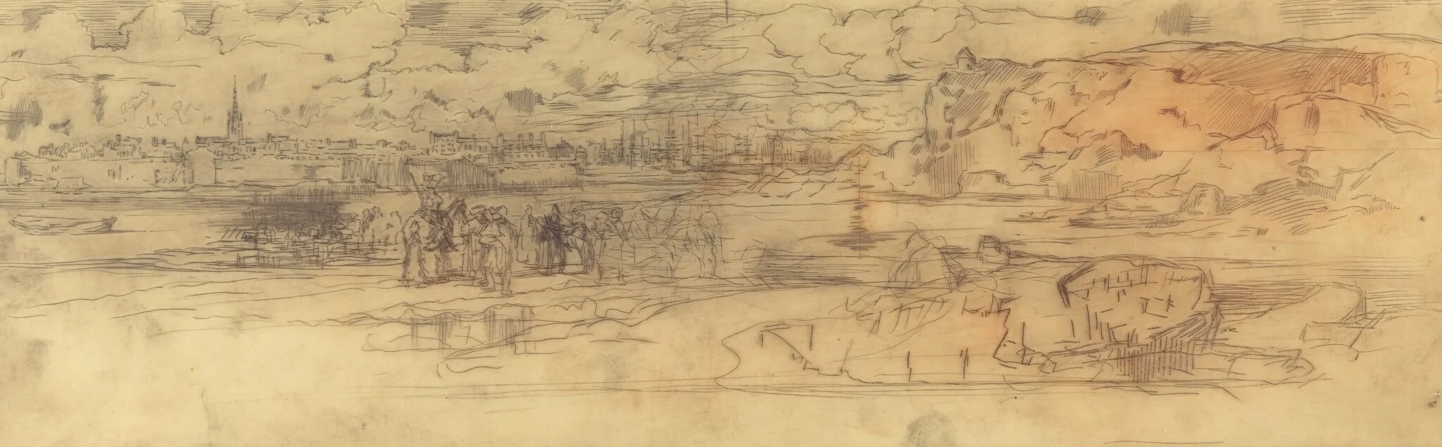 Estuary with a Fortified Seaport at Left and Cliffs at Right, by Félix-Hilaire Buhot, 1882