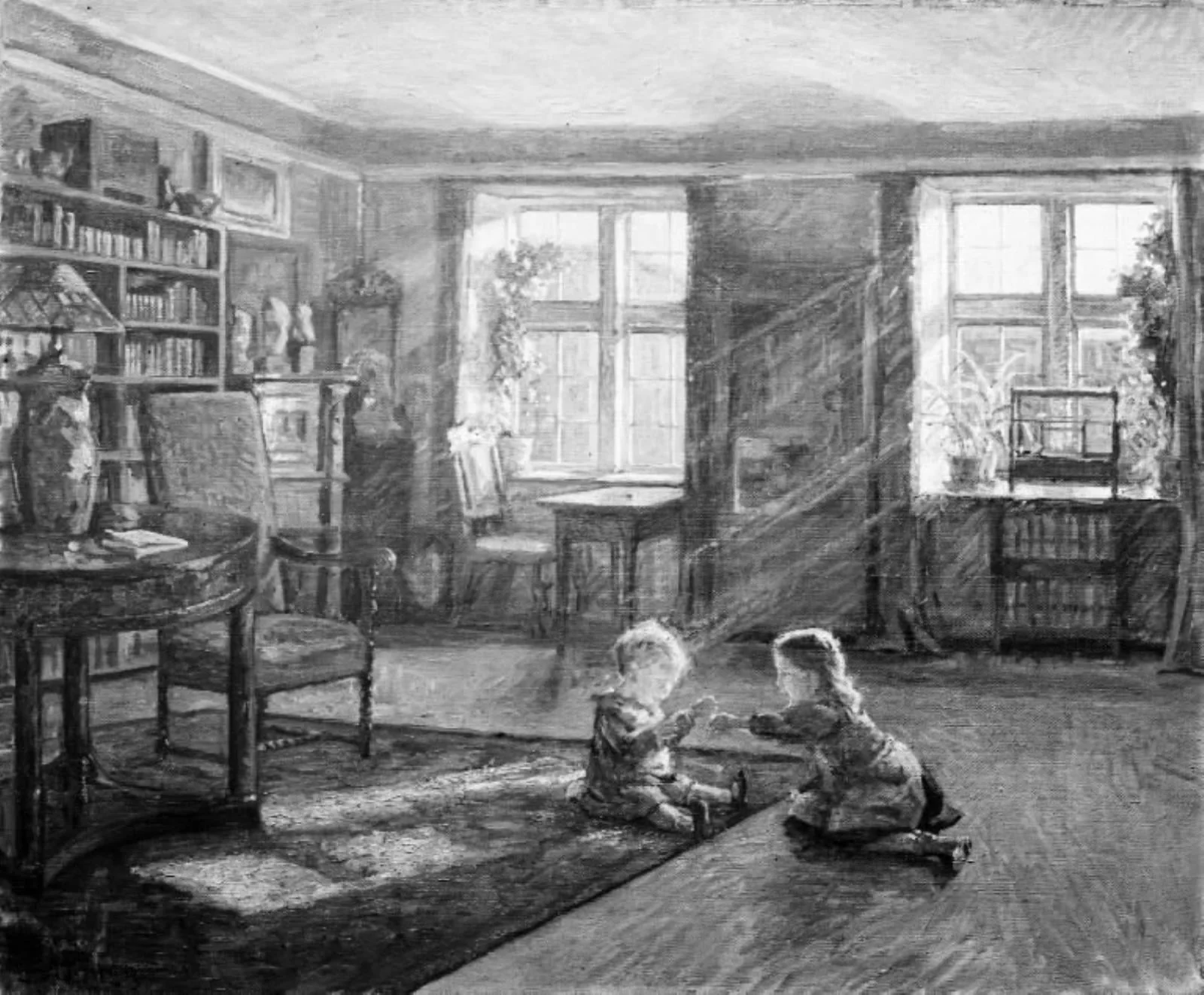 Interiør med to legende børn, by Unknown, 1950