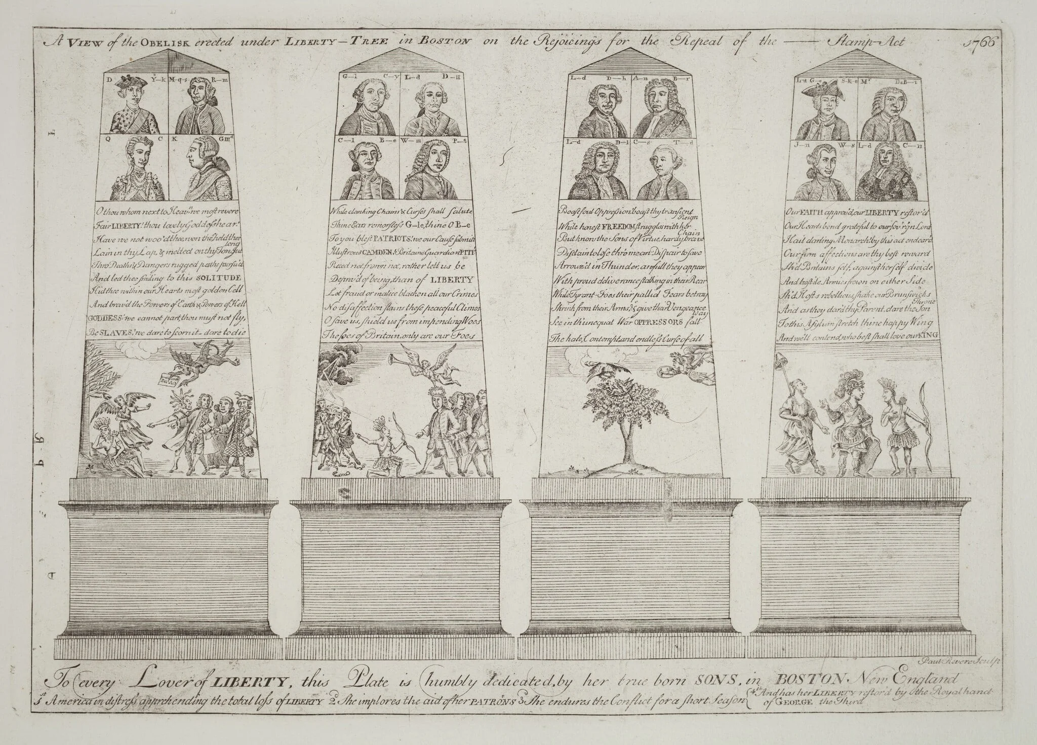The Obelisk under the Liberty Tree, Boston, by Paul Revere, ink, 1766